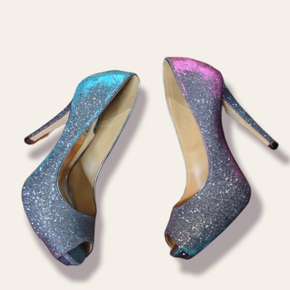 Badgley Mischka Iridescent Sparkle Peep Toe Heels - Picture 5 of 9